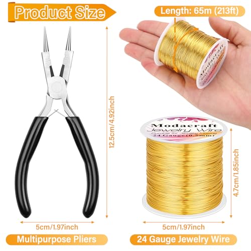 Image of ModaCraft 24 Gauge Sweet Spot Jewelry Wire Gold (213ft /65m) + 4-in-1 Comfort Grip Pliers | Tarnish Proof Copper Craft Wire for Wire Wrapping, Beading & Charm Bracelets | Jewelry Making Starter Kit