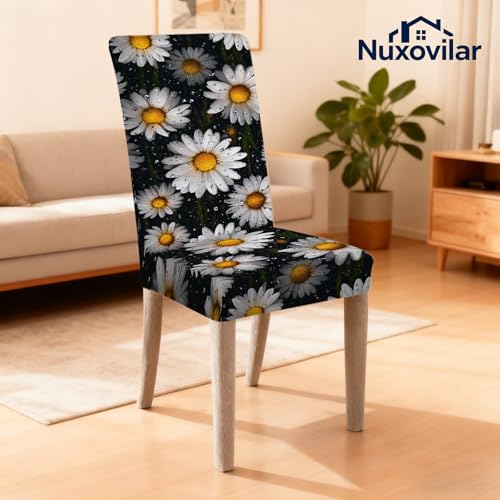 Image of Nuxovilar 6PCS White Daisy Dewdrop Dining Chair Seat Covers Milk Silk | Stretch Slipcover Furniture Protector Daisy Wrap Seat Guard Dining Room Morning Brunch Home Kitchen (Dewdrop Floral)