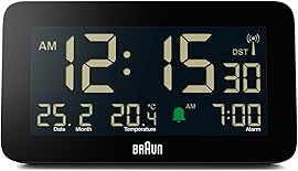 Braun Funk-Digitalwecker für die Mitteleuropäische Zeitzone (DCF) mit Datums-, Monats- und Temperaturanzeige, Negatives LCD-Display, Schnelleinstellung, schwarz, Modell BC10B-DCF.
