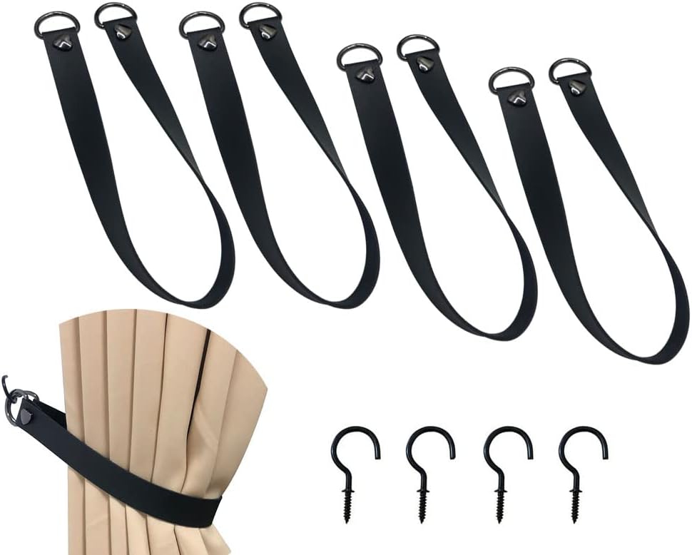 Decorative Leather Curtain Tiebacks Rope, PU Leather Curtain Rod Holder Window Treatment Holdbacks Vintage Unique Design Style Decor Drapery Tie Backs Wall Mount with 4 Wall Hooks (Black,4)