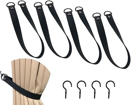 Decorative Leather Curtain Tiebacks Rope, PU Leather Curtain Rod Holder Window Treatment Holdbacks Vintage Unique Design Style Decor Drapery Tie Backs Wall Mount with 4 Wall Hooks Black,4