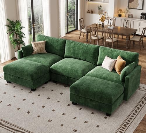 Image of Modular Sectional Sofa, 101 inch U Shaped Couch with Storage | High Resilience Foam, 22 inch Seat Depth, Movable Ottoman, Comfy Chenille, Easy Assembly, Green