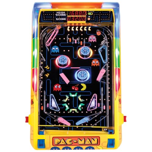 Merchant Ambassador Pac-Man Arcade Pro Pinball - Light & Sound Tabletop Game, Vibrating Bumbers, Flashing LEDs, Scoreboard, Licensed, Adults-Kids 6+