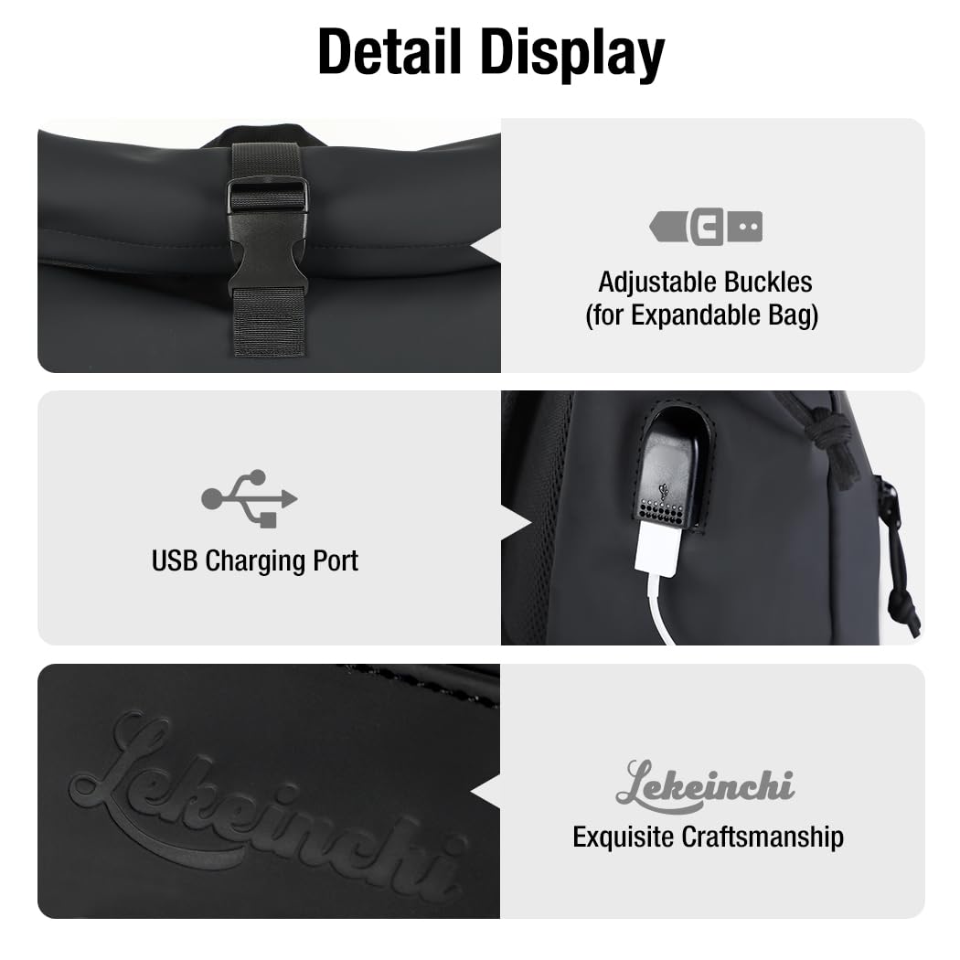 Lekeinchi Zaino Rolltop Uomo Donna Porta PC 17 Pollici | Zaino Impermeabile Uomo Donna - Rains Zaino con Strisce Riflettenti - Zaino da Viaggio Espandibile - Casual Lavoro Università - Nero XL