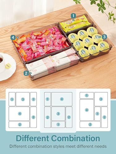 Image of Kienlix Desk Drawer Organizers Trays Set Clear Plastic Storage Bins Bathroom Drawer Tray Dividers Vanity Trays Organizer for Bedroom Dresser Makeup Kitchen Utensil Office (9pc Set (Black))