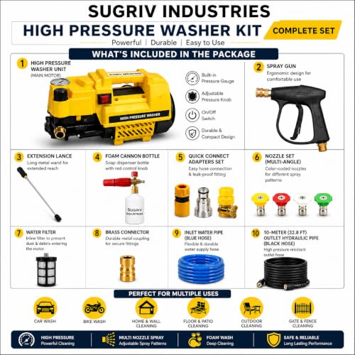 Image of Adjustable Pressure Washer with Pro Accessories 1 Litre Foam Cannon || 7 Quick Connect Nozzles || 2200W Power || 160 Bar Pressure || 12 L /min Flowrate