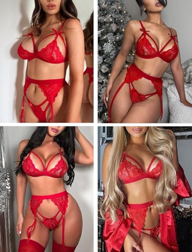 Image of Avidlove Women Lingerie Set Lace Teddy Strap Babydoll Bodysuit with Garter Belts