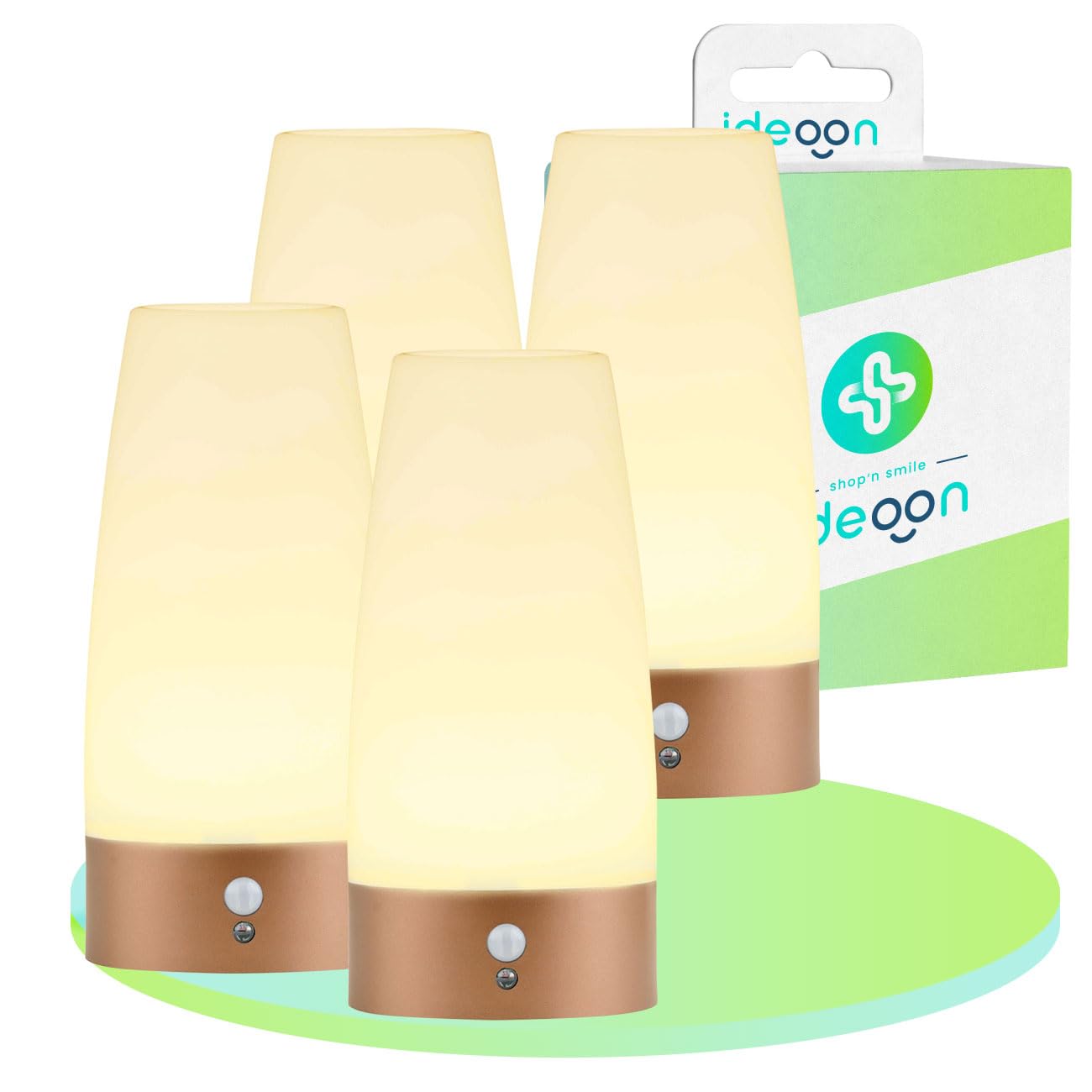 ideoon 4er-Set Elegante LED-Tischlampe mit Bewegungsmelder – Kabellose Flurleuchte mit warmweissem Licht – Ideal als Nachtlicht im Schlafzimmer