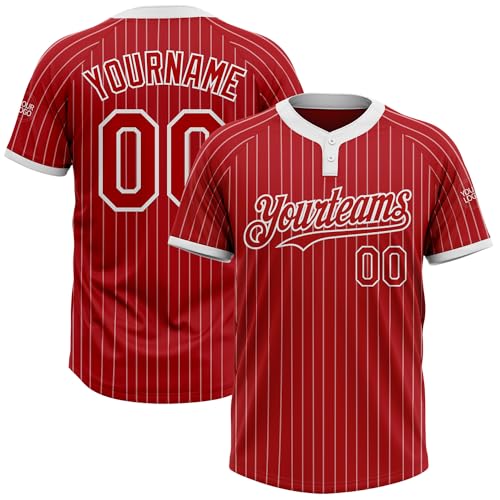 Customize Stripe Red White Baseball Jersey Shirt Two Button V-Neck
