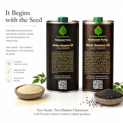 Image of Village-Organica Cold Pressed Black and White Sesame Oil Combo | Black Til OIl & White Til Oil | 1000 ml Each | Unrefined | Tin Cans | Total 1000ml *2