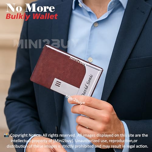 Image of Engraved Your Name Customized On Vertical Card Holder -Luxurious Unisex Design-RFID Blocking Stainless Steel 1 x 10 x 6 cm for Credit|Debit|ATM|Business Visiting Corporate Gift (Brown-SLV)