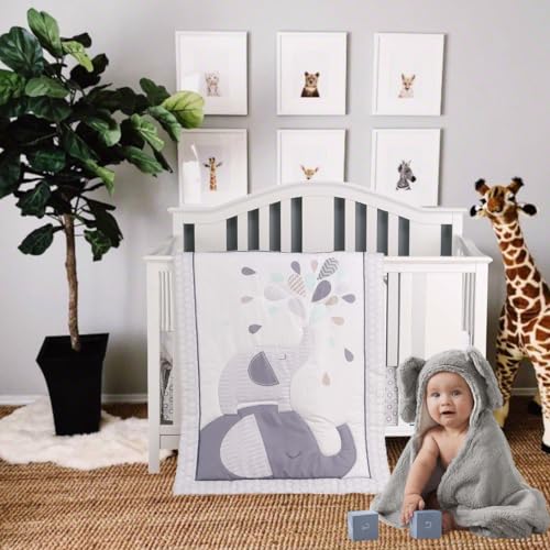 Image of Brandream Playful Elephant Baby Crib Bedding Set for Boy, Girl and Unisex Nursery - Baby Quilt, Fitted Crib Sheet, Crib Skirt Included, 3 Pieces Grey & Mint