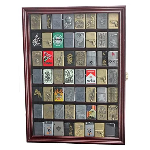 Display Case Cabinet Shadow Box Compatilble with Zippo Lighters Without Box Mahogany Finish