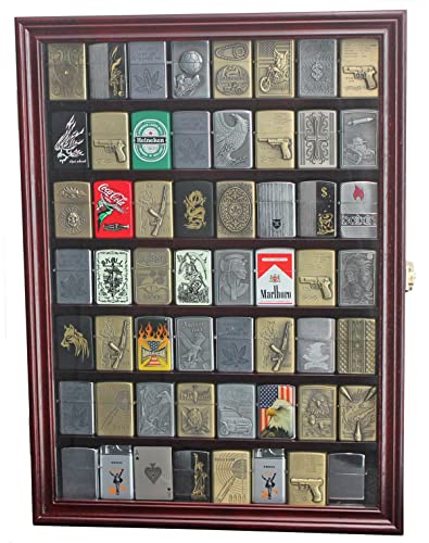 Display Case Cabinet Shadow Box Compatilble with Zippo Lighters Without Box Mahogany Finish