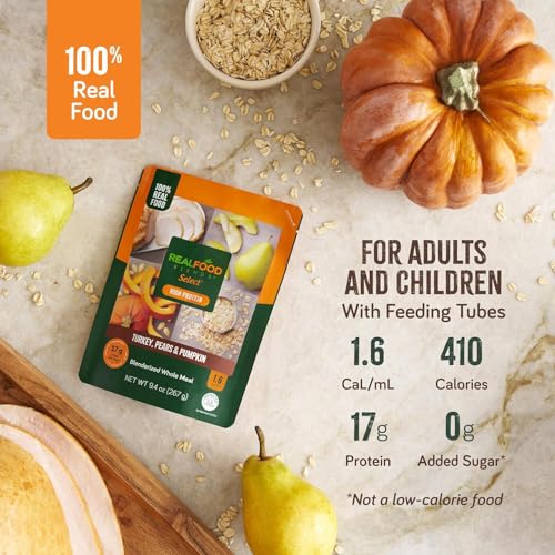 Image of Real Food Blends Select Turkey, Pears & Pumpkin - Pureed Food Meal for Feeding Tubes, 9.4 oz Pouch (Pack of 12 Pouches) | Select turkey, pears and pumpkin tube feeding meal with 17g protein and 23 vitamins and minerals.