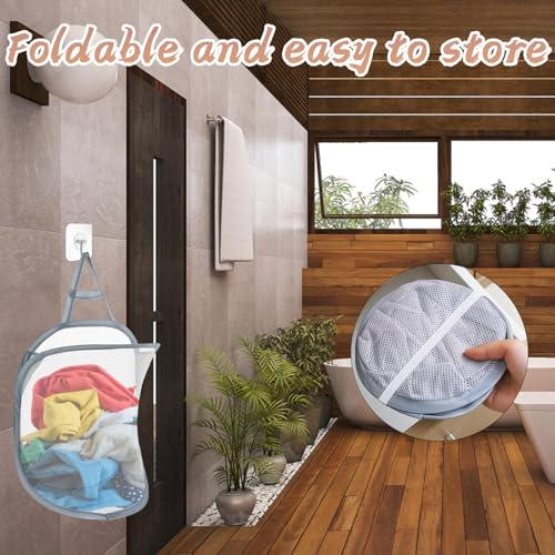 Hanging Laundry Bag, Laundry Basket, 2 Pcs Mesh Collapsible Laundry Baskets with 2 Hooks, Small Hanging Laundry Baskets with Handle, Storage Organiser, Pop Up Laundry Basket for Home - Image 5