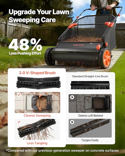 Image of VEVOR Push Lawn Sweeper, 30 in Leaf & Grass Collector with 12 cu. ft. Hopper Bag, Adjustable Brush Height & Spinning Brushes, Heavy Duty Yard Sweeper with Rubber Wheels for Leaves Grass Cleanup