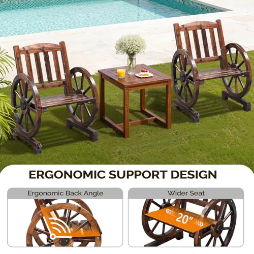 Image of VINGLI Rustic Wooden Wheel Bench Outdoor Bench, Patio Bench Wagon Slatted Seat, Garden Benches for Outdoors 350lbs High Capacity, Weather Resistance (Rustic, 23in)