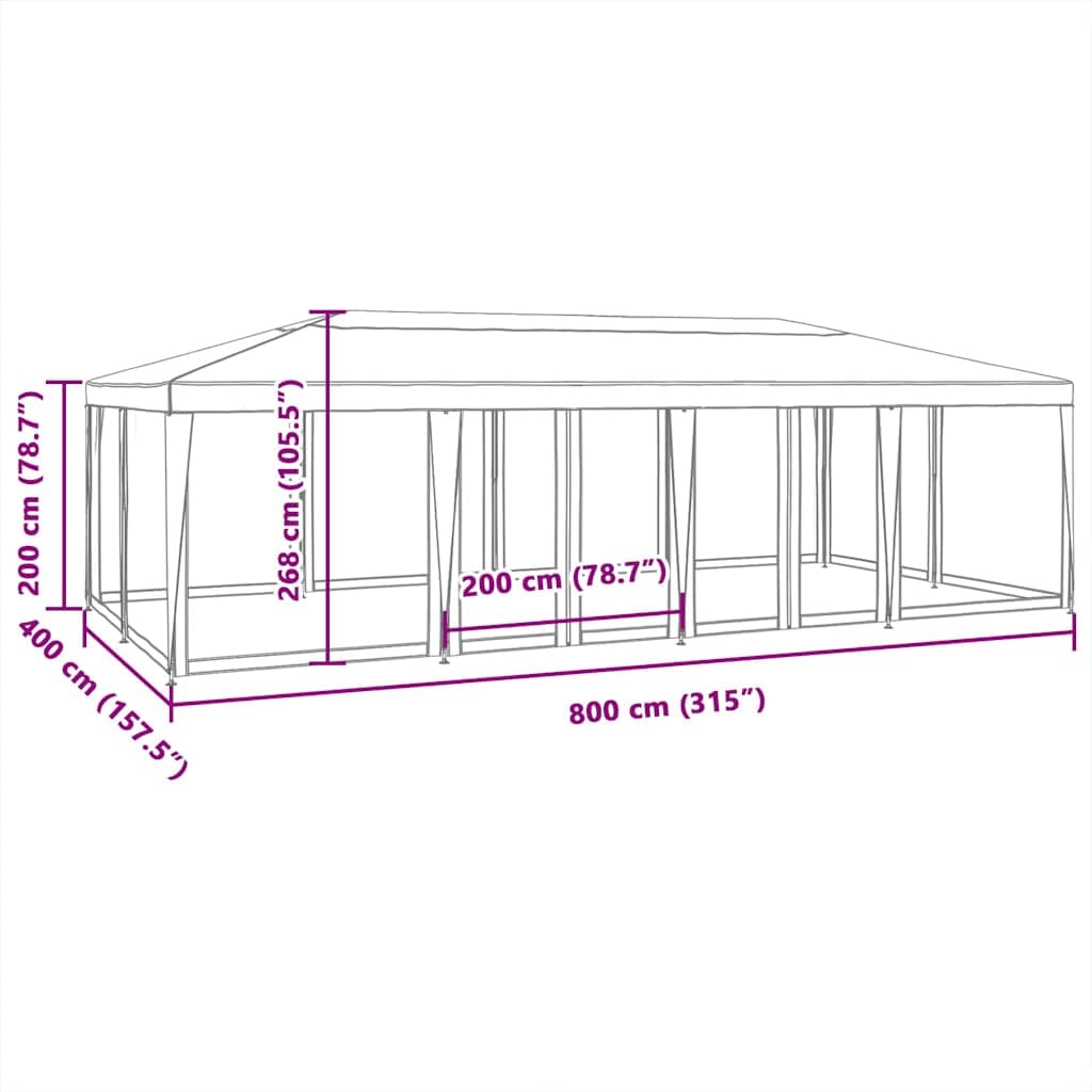 vidaXL Namiot imprezowy z 12 ścianami z siatki, czerwony, 8x4 m, HDPE