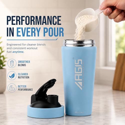 Image of AGIS Steel Shaker Stainless Steel 700ml Leakproof Shaker Bottle with Measurement Marking, Perfect for Fitness Enthusiast & Athletes, Ideal for Mixing Protein Shakes & Pre-Workout Formula (Blue)