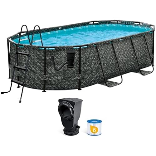 Funsicle Oval Oasis Designer 13'11" x 8'2" x 39.5" Above Ground Swimming Pool, with FiltraBoost Filter 800 GPH Pump with AutoSkimmer, Ladder & Type D Filter Cartridge, Dark Herringbone