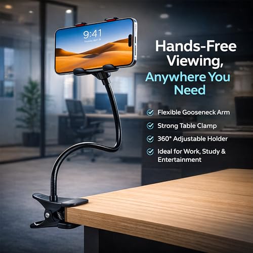 Image of SWAPKART Updated 2026 Flexible Mobile Tabletop Stand, Metal Built -for Video, Heavy Duty Foldable Lazy Bracket Clip Mount, Multi Angle Clamp for All Smartphones (Black)