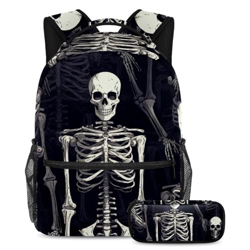 Cartables squelette sombre de grande capacité avec trousse pour adolescents en voyage taille L