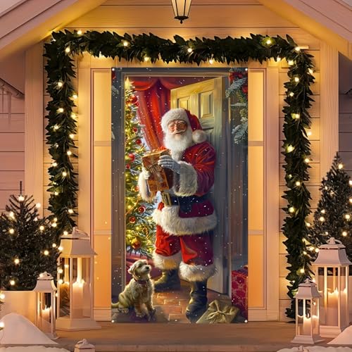 Image of Festive Christmas Santa Claus Door Banner Decorative Polyester Holiday Door Cover with Christmas Tree and Dog, Perfect for Indoor and Outdoor Christmas Decorations 71 x 35in