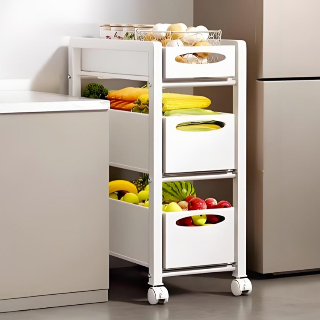 YVYKFZD Fruit Basket Kitchen Cart, Metal Slim Storage Cart, Rolling Utility Carts with Drawer and Wheels, Narrow Storage Cabinet, Space Saving Bathroom Organizer(White,3 Tier 10.6"x15.3"x29.5")