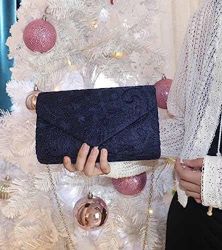 Image of Women Lace Evening Clutch Purse Floral Envelope Handbag Elegant Prom Wedding Party Bag