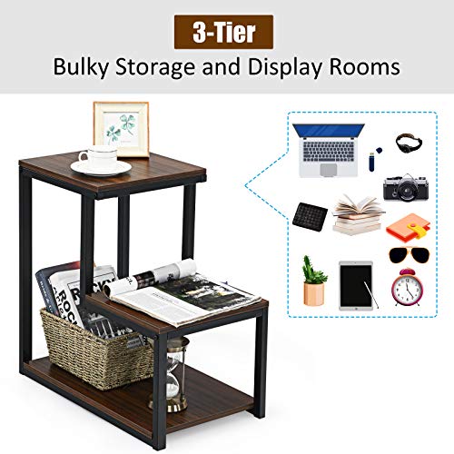 Tangkula 3-Tier Sofa Side Table, Nightstand with Storage Shelf, Sturdy Metal Frame, Ladder-Shaped Chair Side Table, Brown Tabletop Storage Shelf for Living Room or Bedroom (Brown)