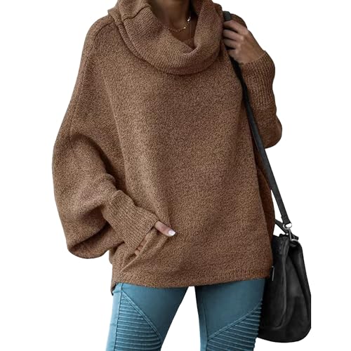 Pull Oversize à col bénitier et Manches Longues Chauve-Souris pour Femme, Pull décontracté en Tricot Ample avec Poches