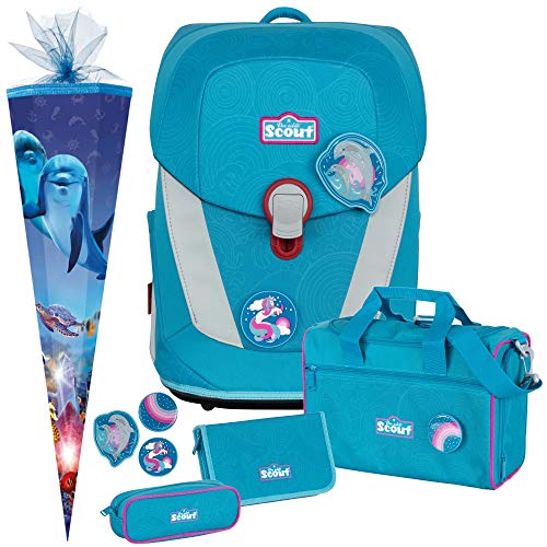 Primus-Versand Dolphins - Delfin - Scout Sunny II mit Funny Snaps® Schulranzen-Set 5tlg. mit Sporttasche - SCHULTÜTE GRATIS