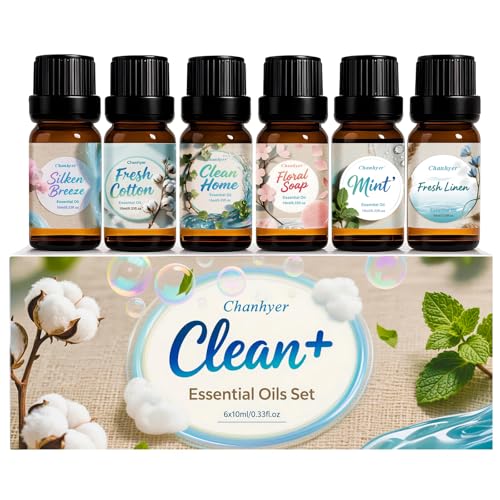 Coffret d'Huiles Essentielles Clean 6 x 10ml – Linge Frais, Coton, Poudre Douce, Menthe Poivrée, Maison Propre, Parfum Savon pour Diffuseur, Parfum d'Ambiance à la...