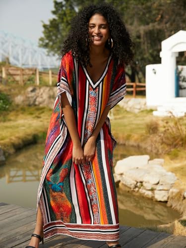 Image of IMAGEKOPE Kaftan Dresses for Women Plus Size Bathing Suit Cover up Vneck Batwing Dress Loose fit Moroccan Caftan mumu Dresses
