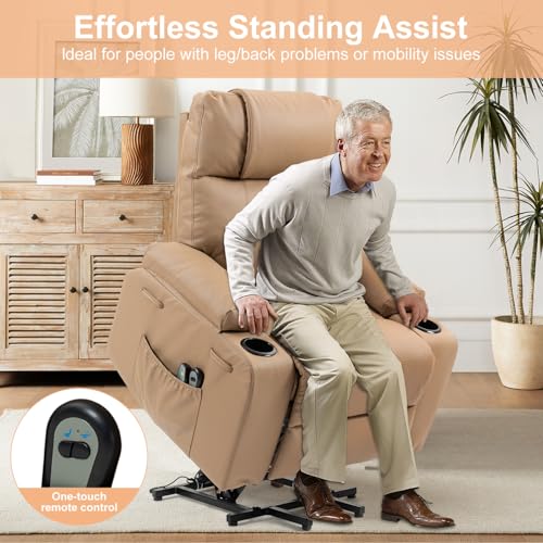 Image of Power Lift Recliner Sofa Chair, Electric Stand Assit for Elderly People, Faux Leather Reclining Chair with Cup Holders, Massage & Heat Functions, Living Room or Bedroom Furniture for Resting, Gray
