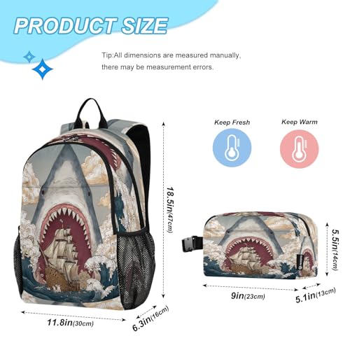 ALAZA Shark Wave Sailboat Vintage Kids Backpack Elementary Girls Boys Bookbag Rucksack Primary School Bag Backpack Set with Lunch Bag2