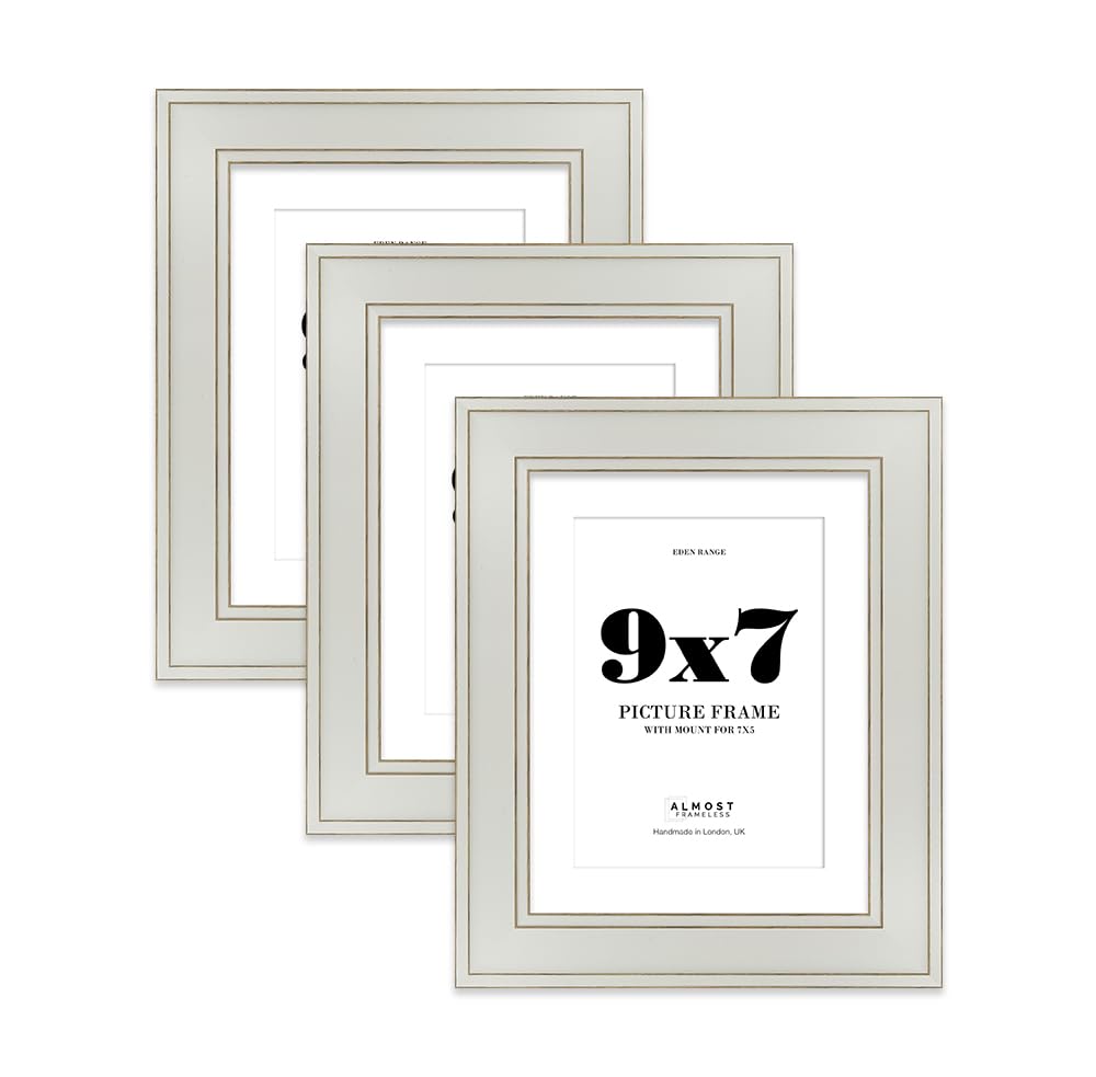 9x7" Light Grey Picture Frame with 7x5" Mount - Shabby Chic Photo Frame with Distressed Finish, Gold Trim, Wall Hooks and Kickstand, 37mm Edge - 3 Pack