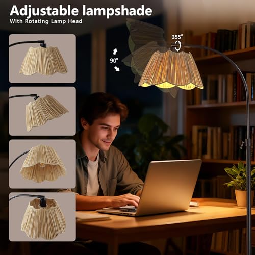 Image of 64'' Adjustable Arc Floor Lamp with Woven Pleated Shade, Black
