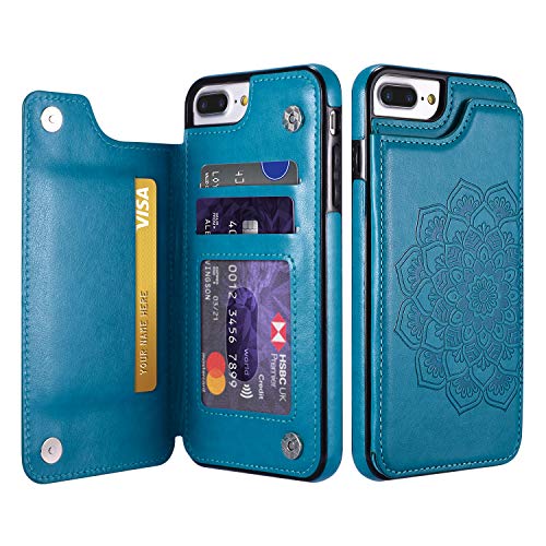UEEBAI Case for iPhone 6 iPhone 6S, Luxury PU Leather Case [Two Magnetic Clasp] [Card Slots] Stand Function Embossed Mandala Pattern Half Flower Durable Soft TPU Back Wallet Cover - Blue#2