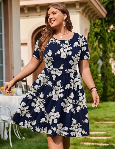 Image of IN'VOLAND Plus Size Womens Casual Sundress Mini Dress Short Sleeve Mini Dresses Summer Beach Dress with Pockets Blue Flower