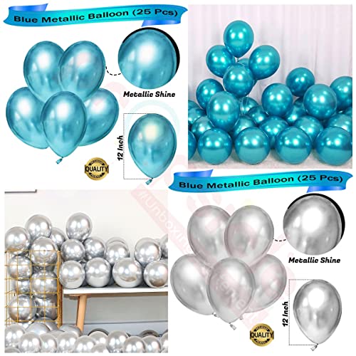 Image of Propsicle Happy Birthday Blue Prince Theme Foil Crown Balloon Bouquet With Silver Happy Birthday Letter Balloon & Blue | Silver Metallic Balloon - Pack of 52