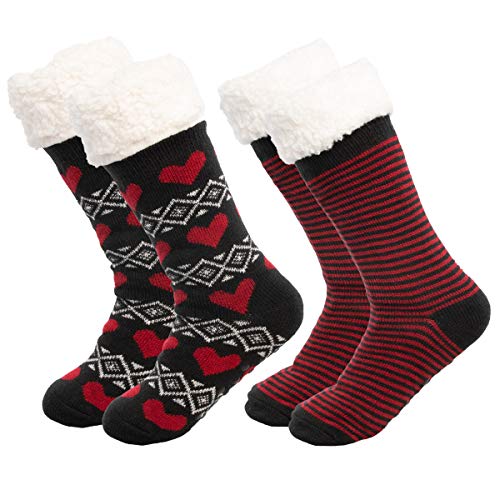 Treehouse Knit (2 Pack Womens Thick Knit Sherpa Fleece Lined Thermal Fuzzy Slipper Socks with Grippers