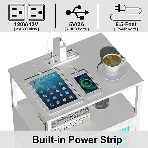 Image of EXOTICA White Nightstand with Charging Station and USB Ports Small End Table with Acrylic Drawer Narrow Sofa Side Table for Bedroom Living Room 15.74 inch Lx 11.8 inch Wx23.42 H