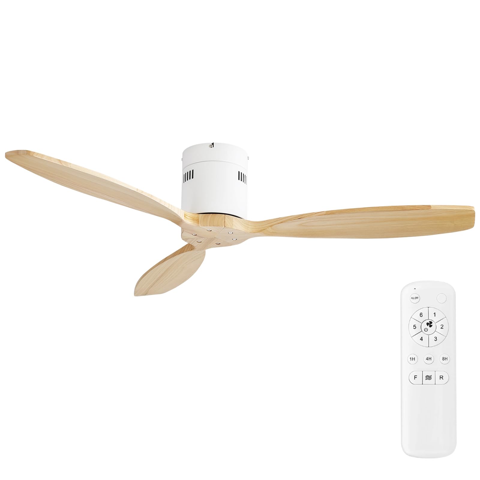 Sofucor 52'' Low Profile Ceiling Fan Remote Control without Lights,Wood Flush Mount White Ceiling Fans no light, Modern Ceiling Fan Reversible DC for