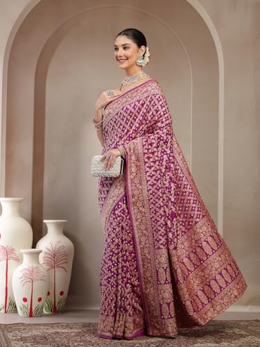 Image of KISHORI Womens Purple Banarasi Jacquard Saree with Bandhani & Zari Weaving with Unstitched Blouse
