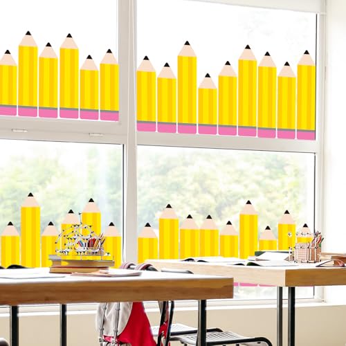 Image of Whaline 9 Sheet Pencil Window Clings Back to School Yellow Pencil Reusable Window Decals for First Day of School Playroom Home Nursery Classroom Decor