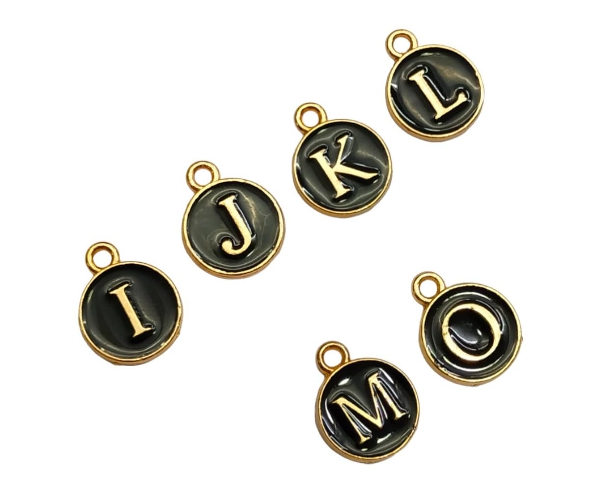 Jaipri 10x13mm, 6 pcs, Black Color Round Shape I J K L M O Alphabet Letter Charm Initial Pendant Meenakari Spacers, Connectors, Components for Jewellery And Rakhi Making, Embroidery and Craft Work
