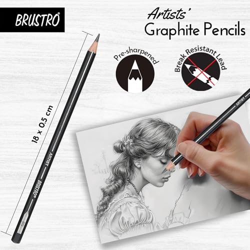 Image of BRUSTRO Artist's Graphite Pencil Set of 5,Pre-Sharpened,Break-resistant With Studio Drawing Book,Blank 80 Pages, Wiro Bound, A5(5.8x8.3 inches), 140 GSM,Perforated Sheets|Ideal for Sketching,Writing