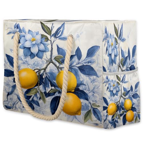 Cute Lemons Large Beach Bag Waterproof Beach Bag for Women Oversized Sandproof Beach Tote Bag with Zipper for Gym Travel Daily Pool Bag Big Tote